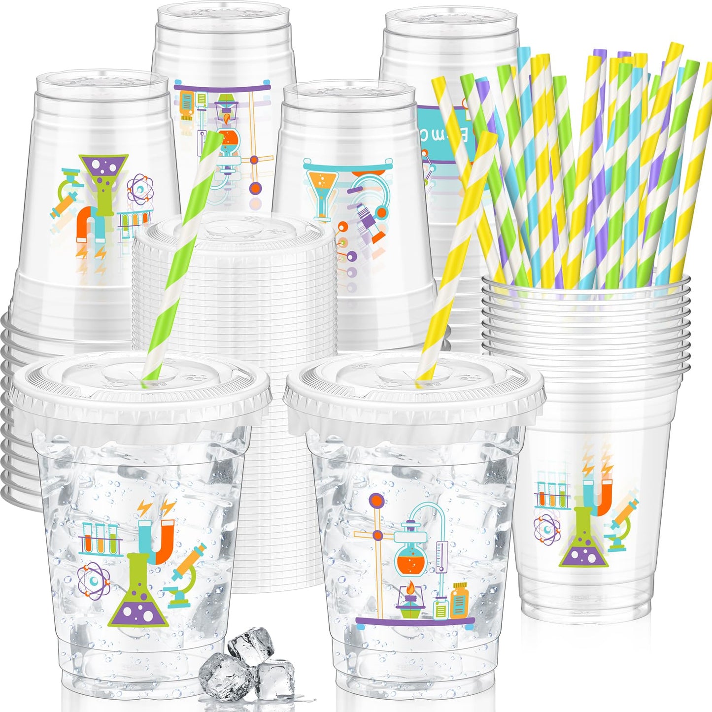 Foldtier 50 Pcs Science Cups 12 Oz Disposable Plastic Cups With Straws And Lids Science Clear Cup Birthday Cups Supplies Birthda