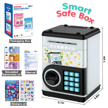 Gray Piggy Bank For Kids With Password Code Lock And Auto Grab Bill Slot, Philaeec Real Money Cash Coin Can Saving Box Electroni