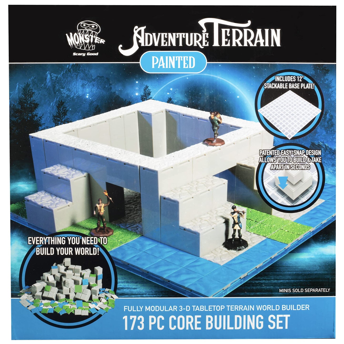 Monster Adventure Terrain - 173Pc Painted Core Building Set W Baseplate - Fully Modular And Stackable 3-D Tabletop World Builder, Compatible With Dnd Dungeons Dragons, Pathfinder, Rpg
