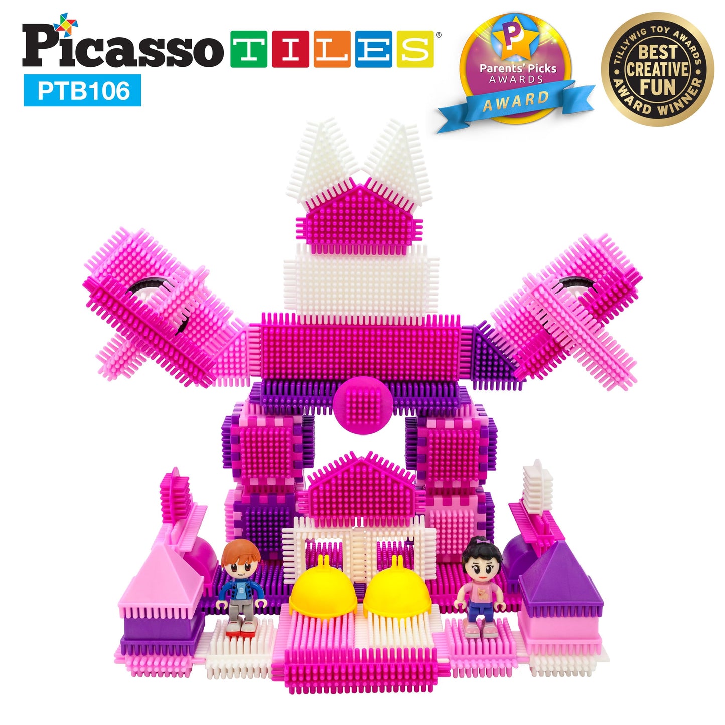 Picasso Toys Ptb106 106Pcs Hedgehog Block Building Blocks Tiles Pink Castle Theme Set W/Human Figures Learning Playset Stem Toy