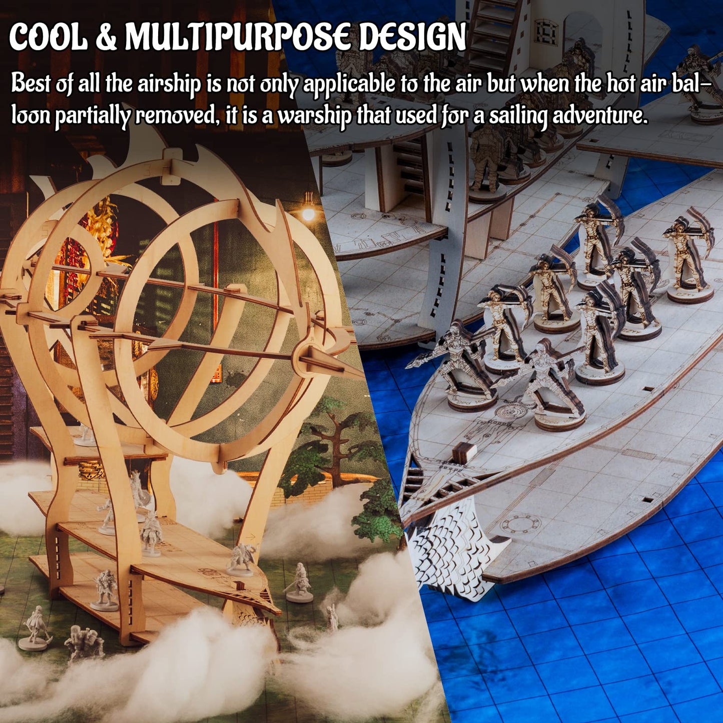 3D Airship Model Wood Laser Cut Hot Air Balloon With 1' Grids Fantasy Aerial Combat Terrain Map For D&D, Pathfinder, Warhammer And Other Tabletop Rpg