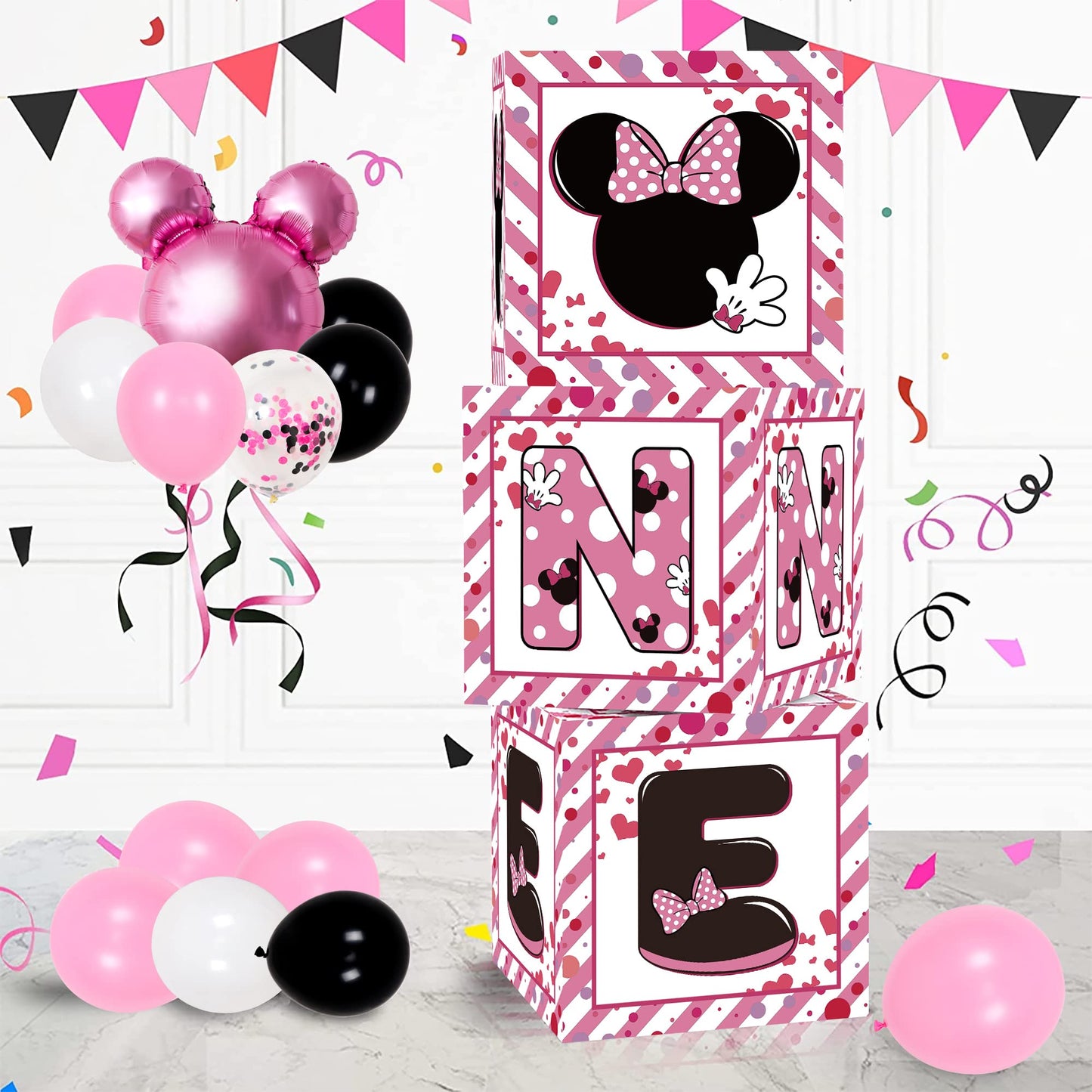 1St First Birthday Party Favors Balloon Boxes Supplies For Baby, Girls 3Pcs Pink Mouse Theme One Year Old Balloon Boxes, 'One' L