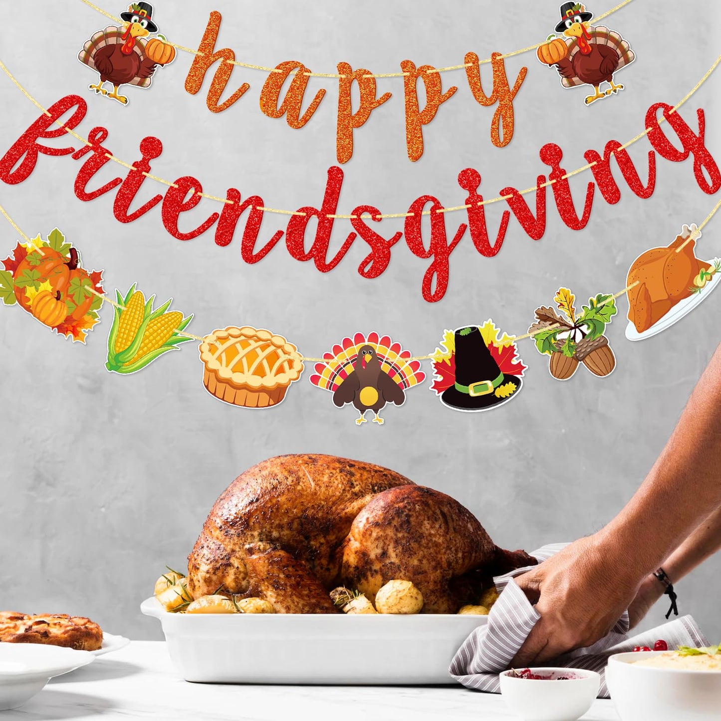 FOZEE Happy Friendsgiving Banner, Thanksgiving Friends Party Banner, Friendsgiving Turkey Decorations for Thanksgiving party, Fa