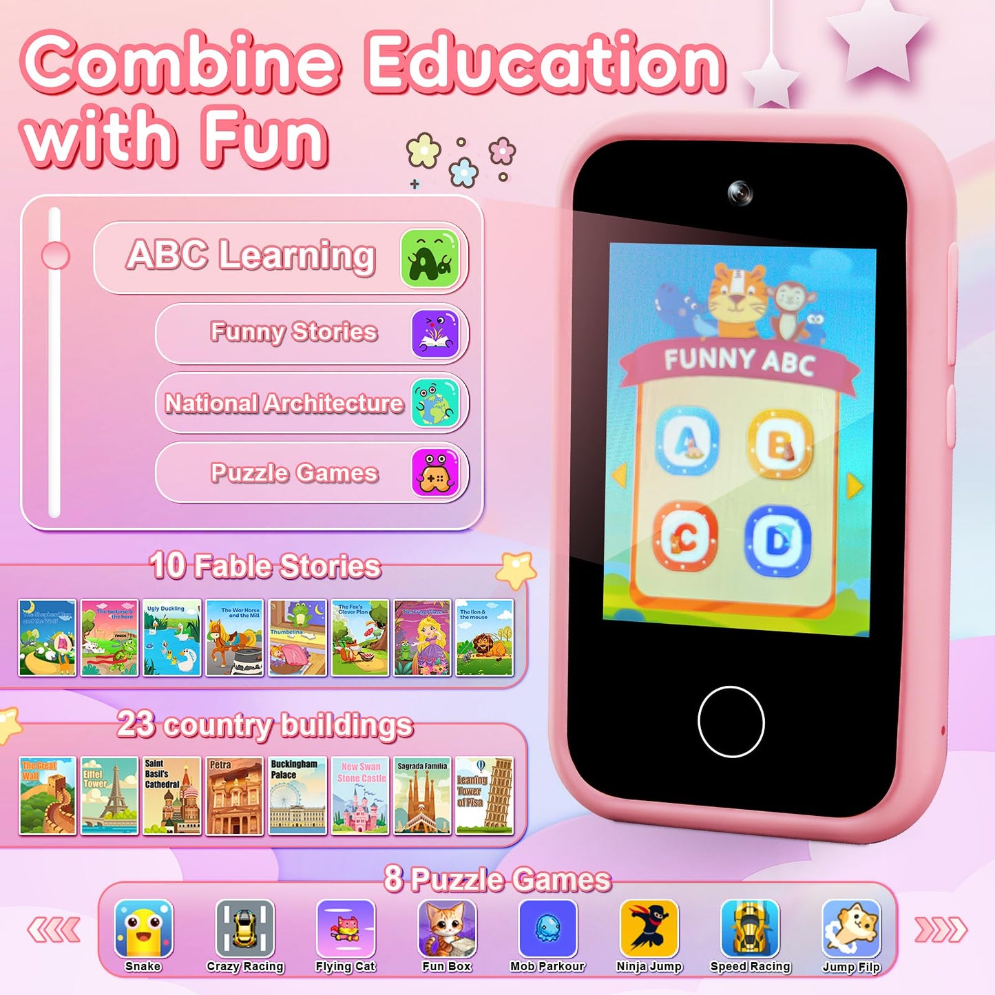 GKTZ Kids Smart Phone Toys - Dual Camera Cell Phone for Kids, Unicorn Toys for Girls Age 4-6, Toddler Play Phone for 3 4 6 7 8 Y