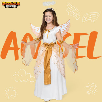 Spooktacular Creations Halloween Angel Costume For Girls, Golden White Angel Dress For Kids For Halloween Roleplay Themed Party