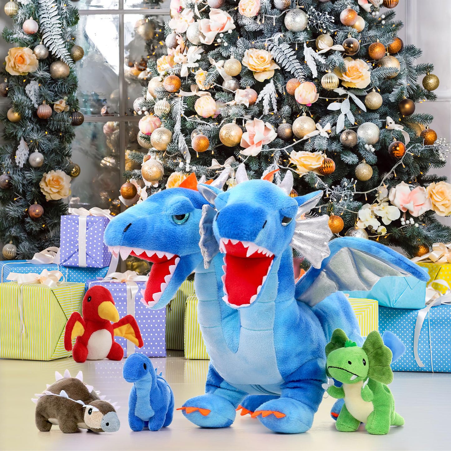 Tezituor Double Headed Dragon Stuffed Animals, 5 PCs Stuffed Dinosaur Plush Toys Set, Mommy Dragon with 4 Baby Dinosaurs Plushie
