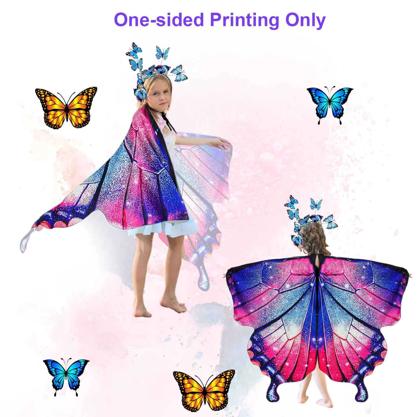 Rektak Butterfly Wings For Girls, Butterfly Costume For Halloween Party Kids Fairy Wing With Mask And Headband(Red Blue)