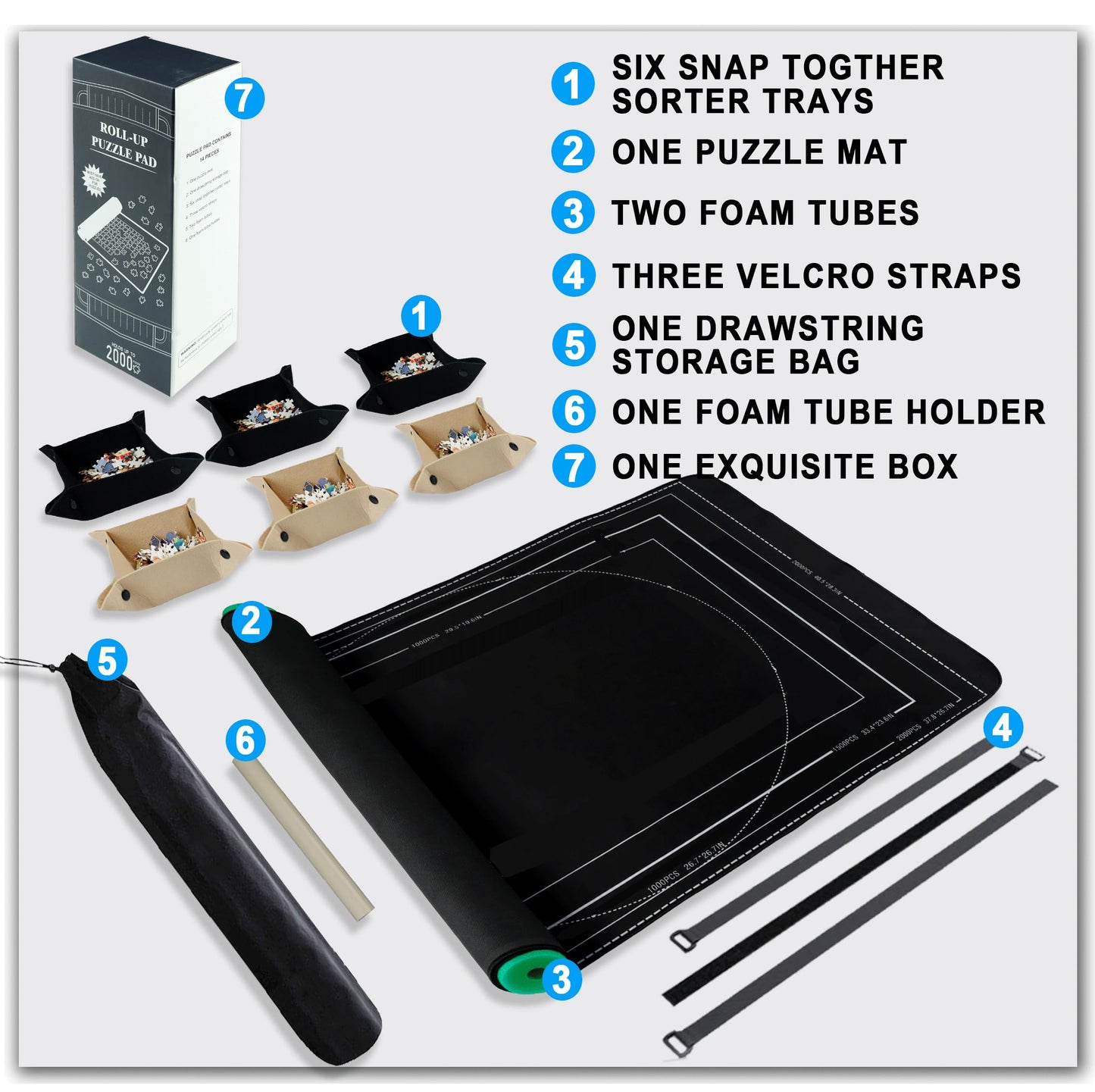 Pohxev Jigsaw Puzzle Mat Roll Up - Portable 48x30.7 for 2000 Pieces, Non-Slip Rubber Bottom, Includes 6 Sorting Trays & Storage Bag,