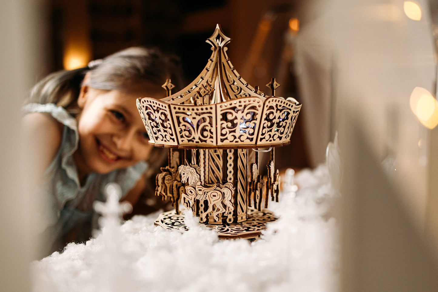 Wood Trick Parisian Carousel Music Box Rotating With Backlit - 3D Wooden Puzzles For Adults And Kids To Build Diy - Wooden Music Box Kit - La Vie En Rose Tune - Engineering Diy Wooden Model