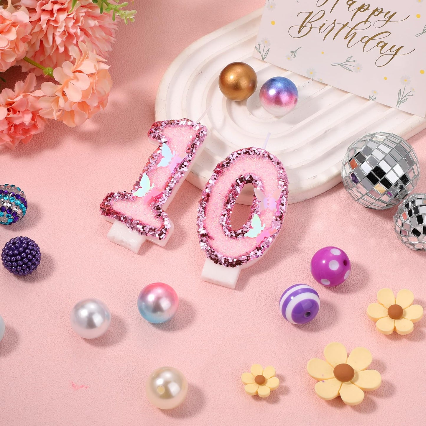 BOXOB Girls Birthday Number 10 Candles, 2.95in Pink Glitter Butterfly Cake Toppers, Wax, Model 08367, Perfect for Parties and Celebrations