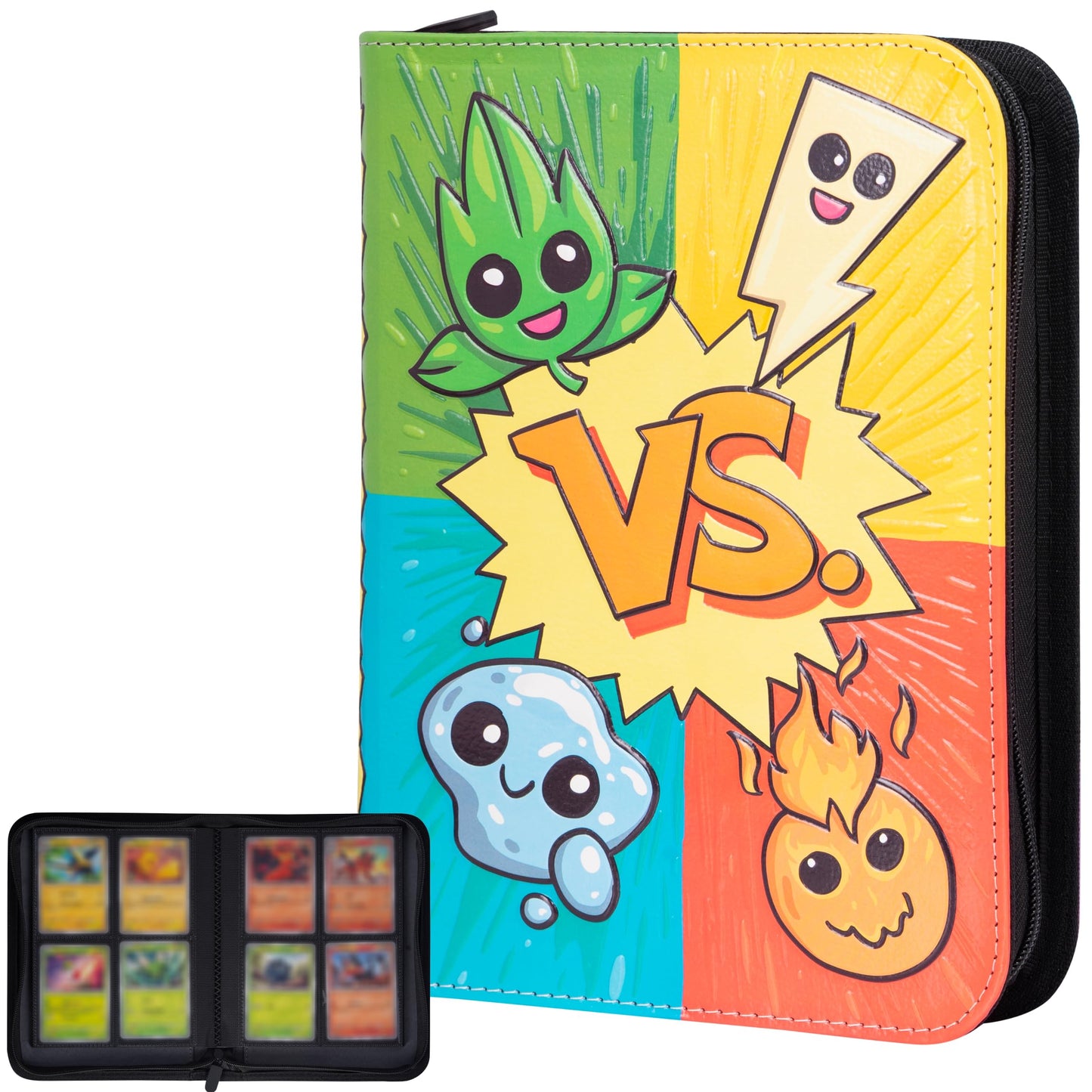 3D Card Binder For Pokemon - Stunning 3D Raised Pk Types Design In Pu Leather With Zipper - Includes 4 Pocket Pages For 160 Card