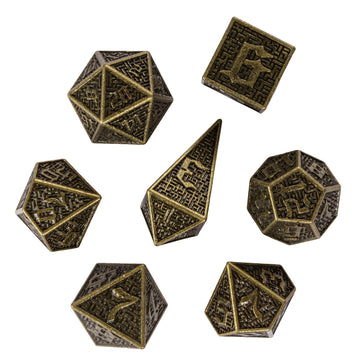 UDIXI Metal Dice Maze Carved DND Dice Set D&D 7PCS Bronze Role Playing Dice with Leather Pouch for Dungeons and Dragons Tabletop