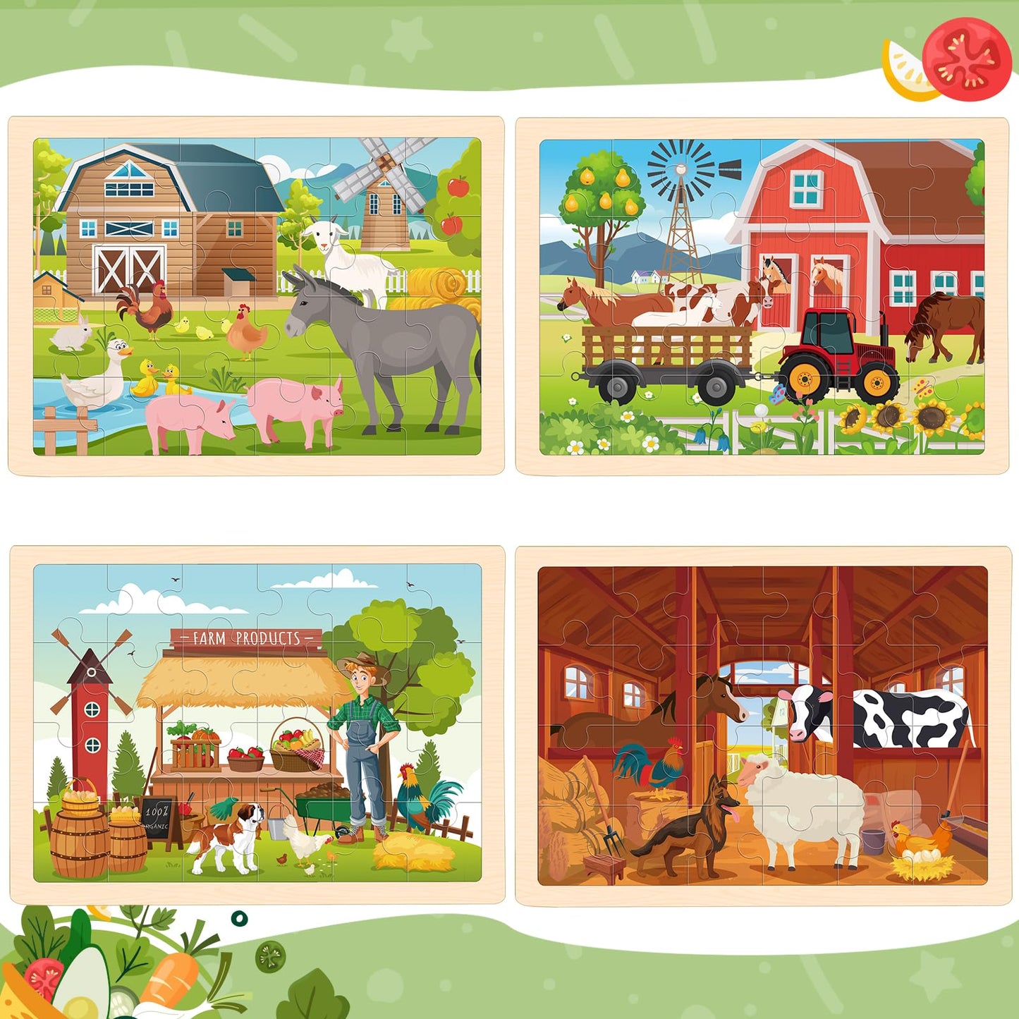 Wooden Farm Puzzles For Kids Age 3 4 5 Year Old, 4 Pack 24 Pcs Montessori Toddler Jigsaw Puzzles For Girl Boy Activities Prescho