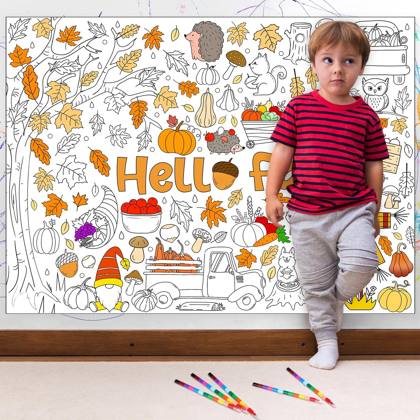 Giant Fall Coloring Poster With 6 Stacking Crayons, Pumpkin Maple Leaf Thanksgiving Party Favor Set Jumbo Wall Art Large Colorin