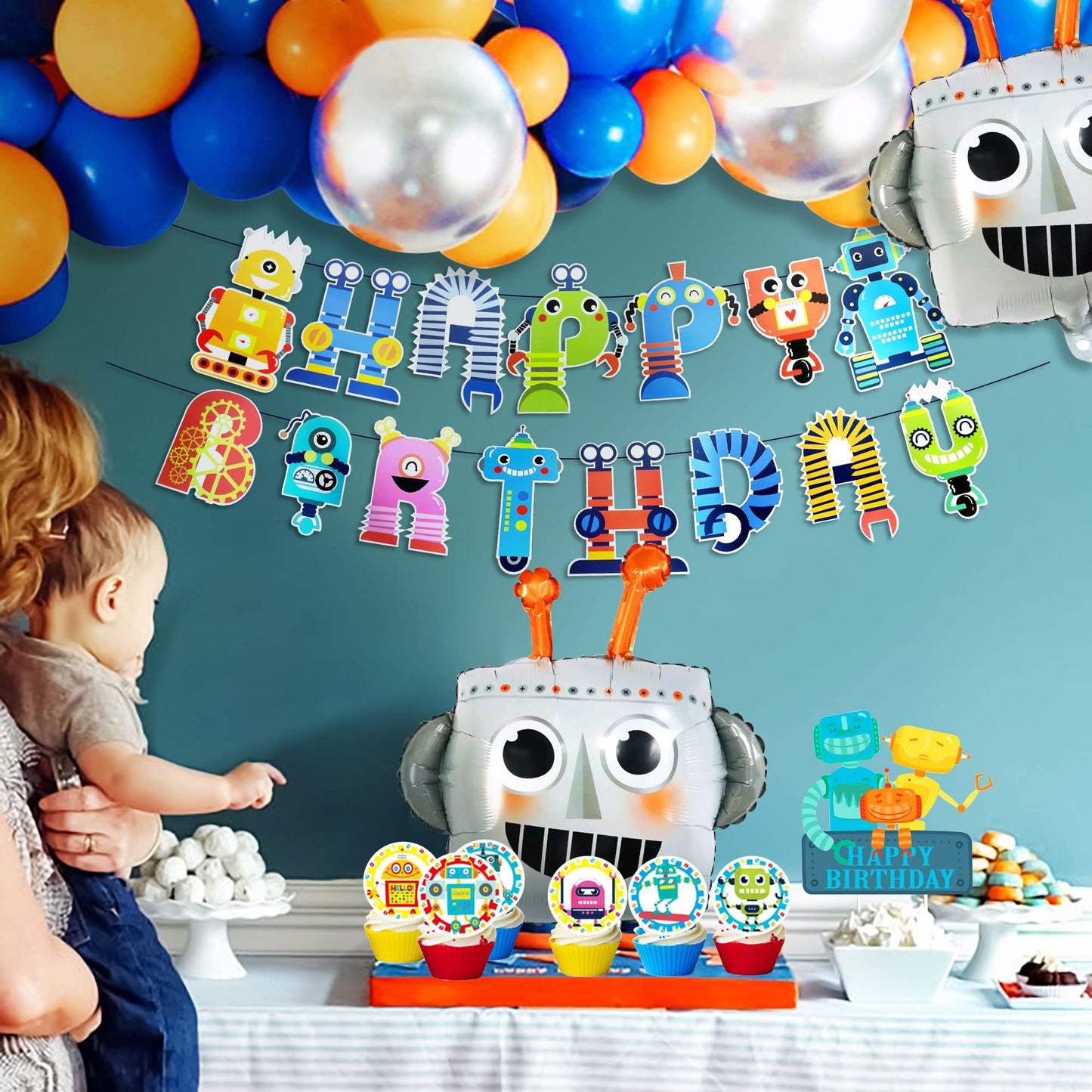 83 PCS Robot Birthday Party Decoration Robot Birthday Party Supplies Robot Birthday Balloons Robot Birthday Banner Favors Cake C