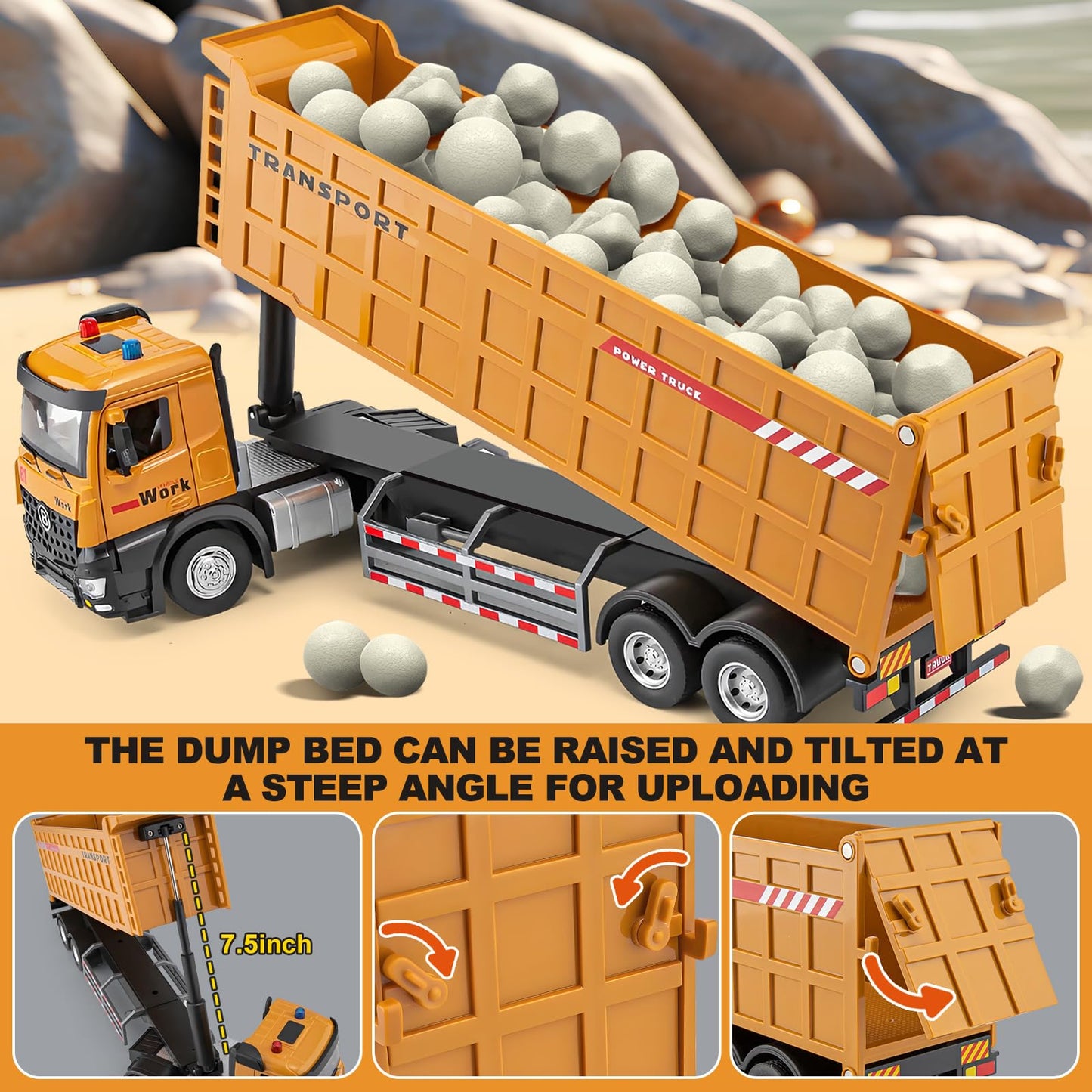 HAPYAD Dump Truck Toy for 3 4 5 6 7 Years Old Boys, Large Semi Truck with Metal Cab, Lights and Sounds, Friction Powered Tractor