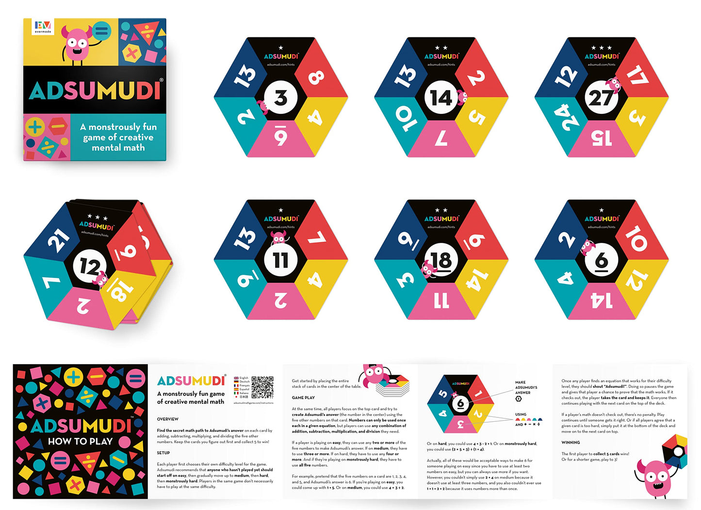 Evermade Adsumudi Math Game - Fun Educational Game for Kids 8-12, Practice Multiplication, Division, Addition & Subtraction, Multicolor