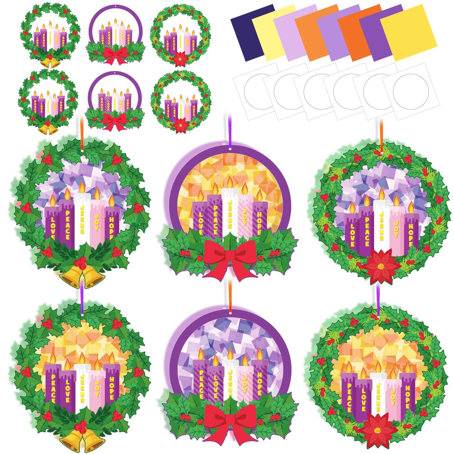 42 Packs Christmas Advent Wreath Suncatchers Crafts for Kids, Make Your Own Advent Candle DIY Tissue Art Craft Gift with Joy Chr