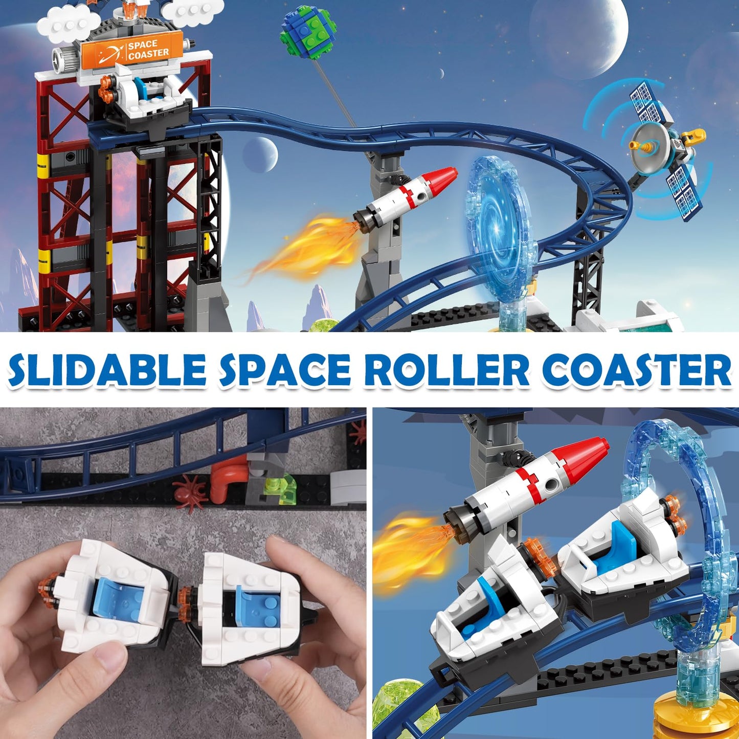Hogokids Space Roller Coaster Building Toy - 926Pcs Coaster Building Set Features Lift Platform, Satellites, Rocket Buildable Space Rollercoaster Adventure Park For Adults Kids Girl Boy Ages 6-12 Year