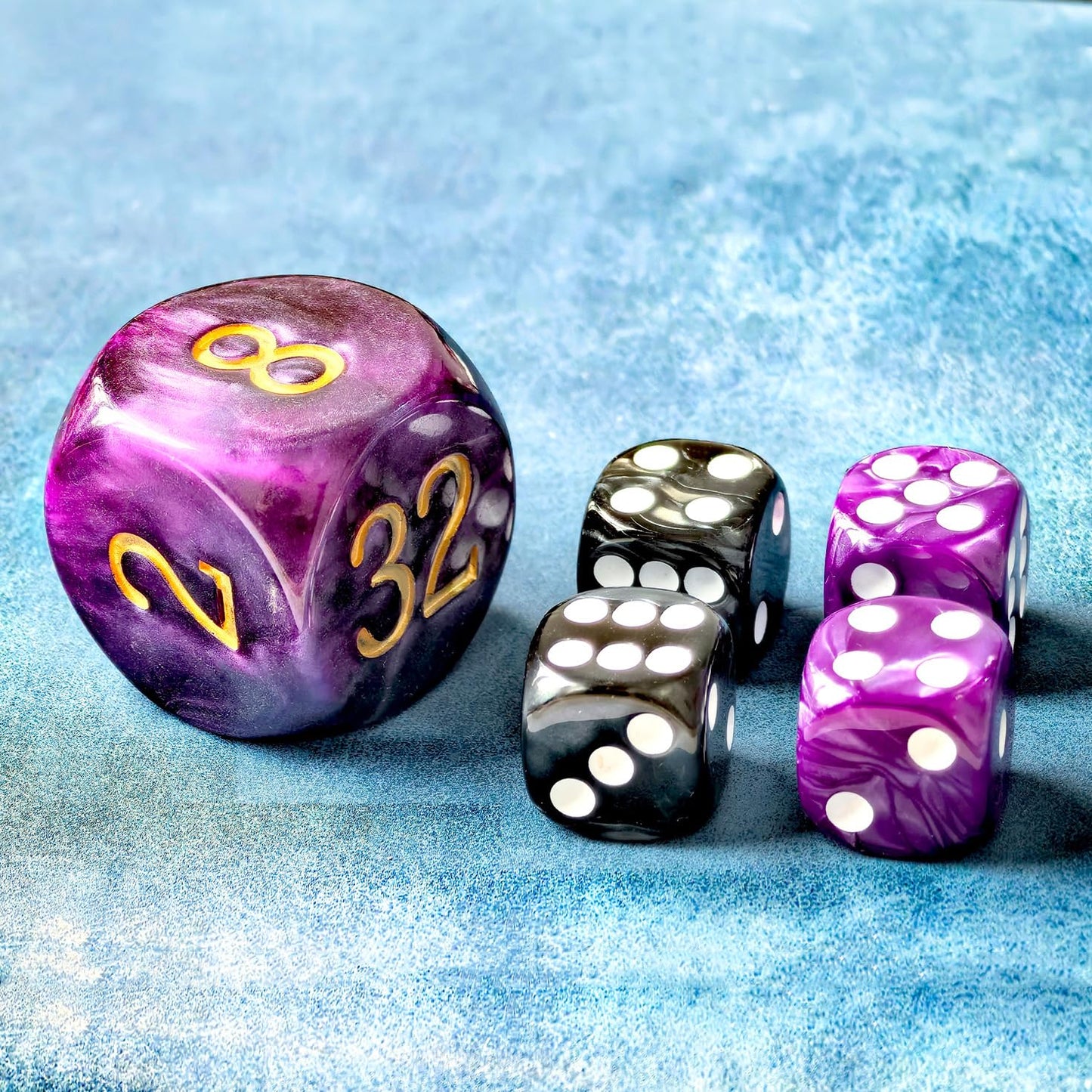 5Pcs Set 30Mm Backgammon Pearl Dice Set - 30Mm (1 3/16'') Large Backgammon Doubling Cube Plus 4Pcs 16Mm Dice(Purple/Black Marble