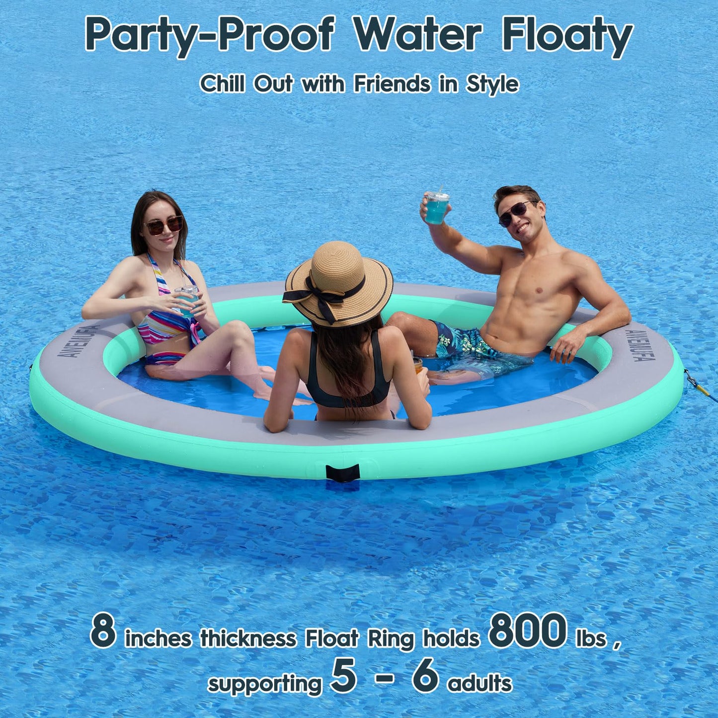 Awemufa 8Ft Floating Ring Lake Raft For Adults 8 Inch Thickness Inflatable Water Hammock Multi-Person Party Water Toys Round Min