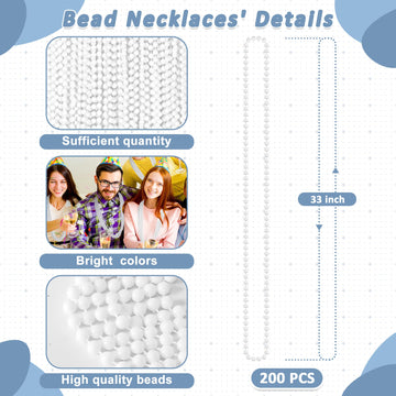 200 PCS Beaded Necklace, 33'' Mardi Gras Beads, White Bead Necklace Bulk, Mardi Gras Party Costume Accessories Parade Throws Bea