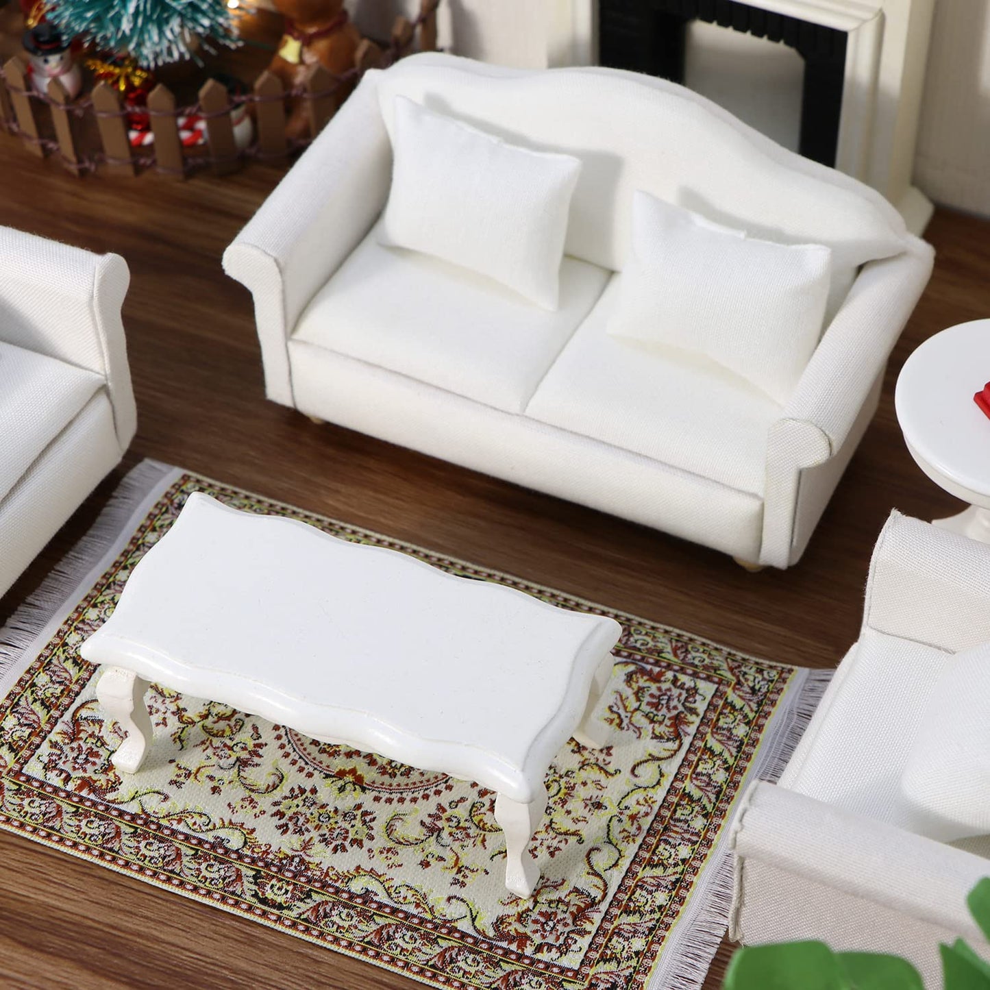 Dollhouse Couch Miniature Sofa With Pillows Dollhouse Living Room Funiture 1:12 Scale Model 3 Pcs High Simulation Upholstered Wooden Fabric Armchair Mini Room Artificial House Scene Decoration (White)