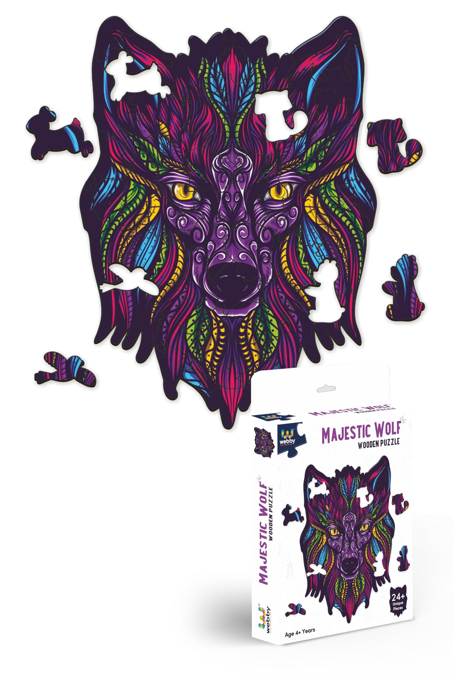Webby Majestic Wolf Jigsaw Puzzle | Travel Game | Wooden Zentangle Art Design Puzzle Toy For Kids And Adults (24 Pieces)
