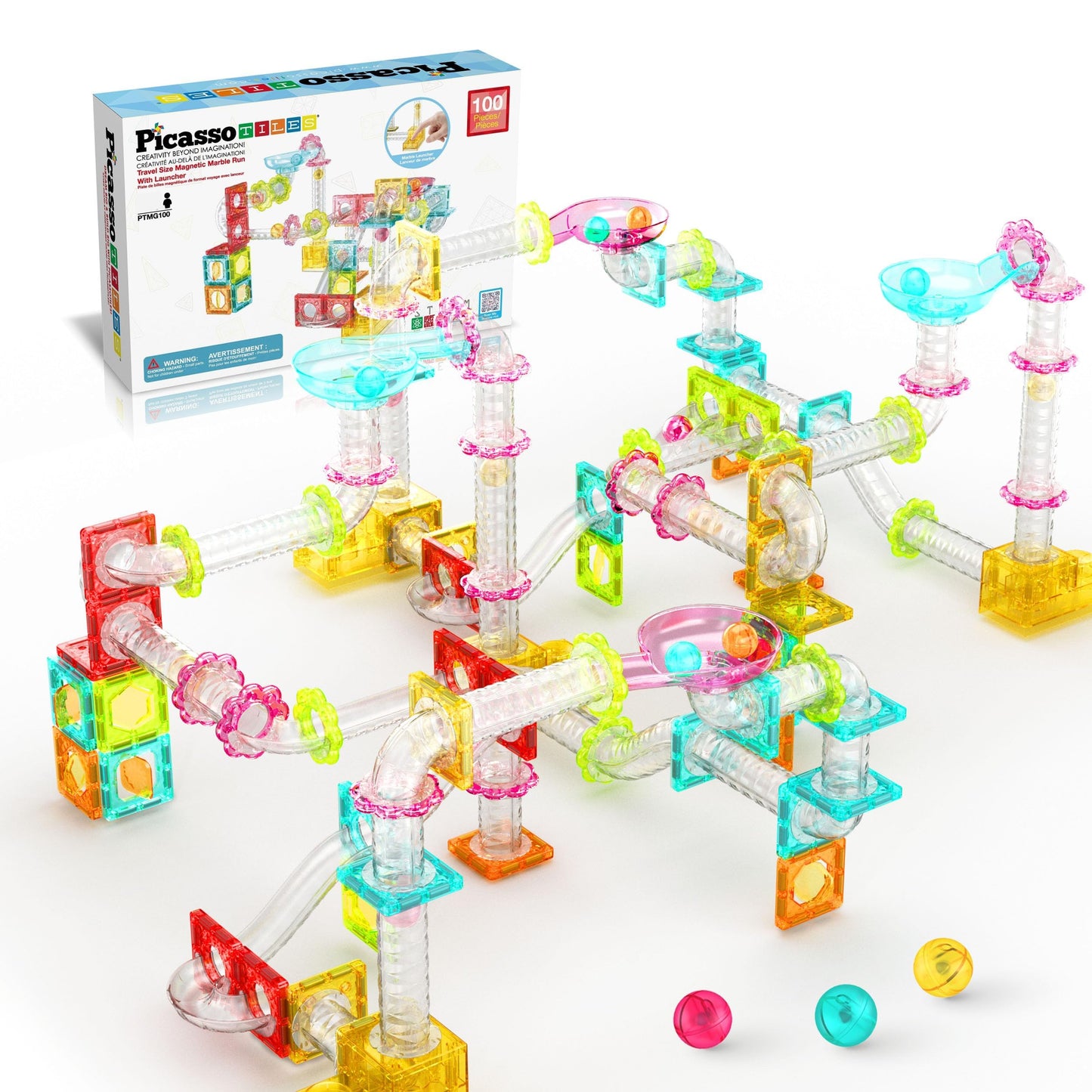 Picassotiles 100 Piece Magnetic Marble Run Travel Size Sensory Toddlers Construction Toy Set Mini Diamond Magnet Tiles Marbles F