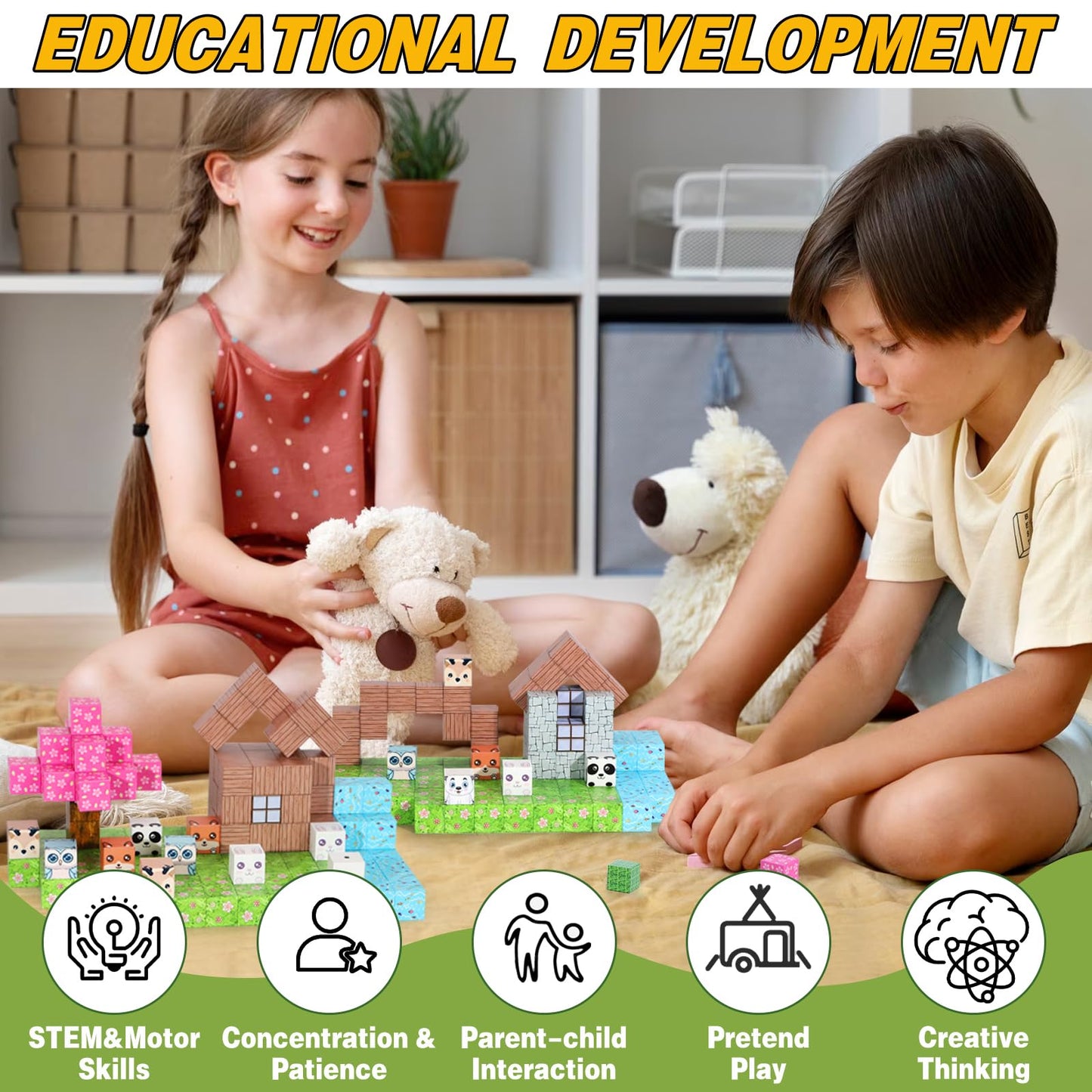 Magnetic Blocks-100Pcs Minecraft Magnetic Blocks Magnetic Magnetic Blocks For Kids Ages 4-8 Forest Set Magnetic Minecraft Blocks