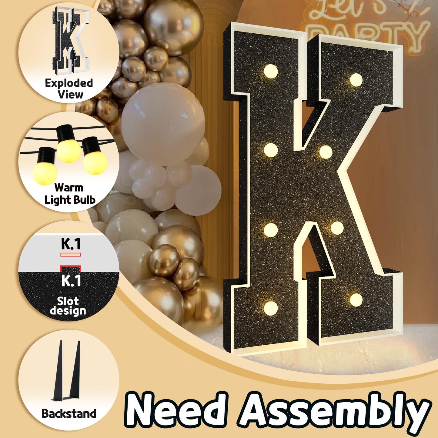 Imprsv Marquee Letters Black 3Ft: Black Party Decor - Light Up Letter K Large 3 Feet Tall - Party Decorations Letter For Birthda