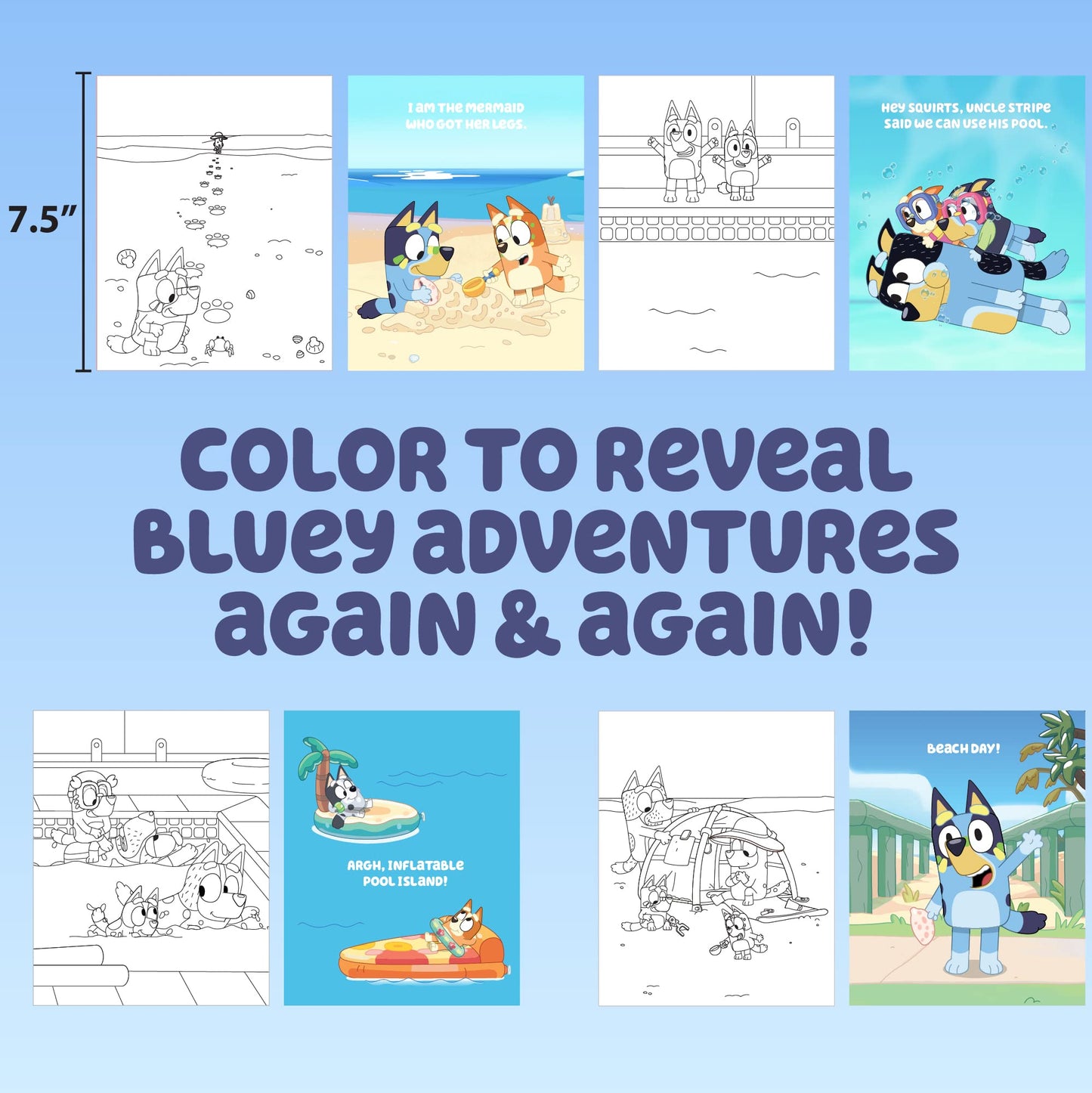 Horizon Group USA Aqua Art - Reusable Water Reveal Pages, 6"x9", Bluey, Model 214736, No-Mess Drawing and Coloring