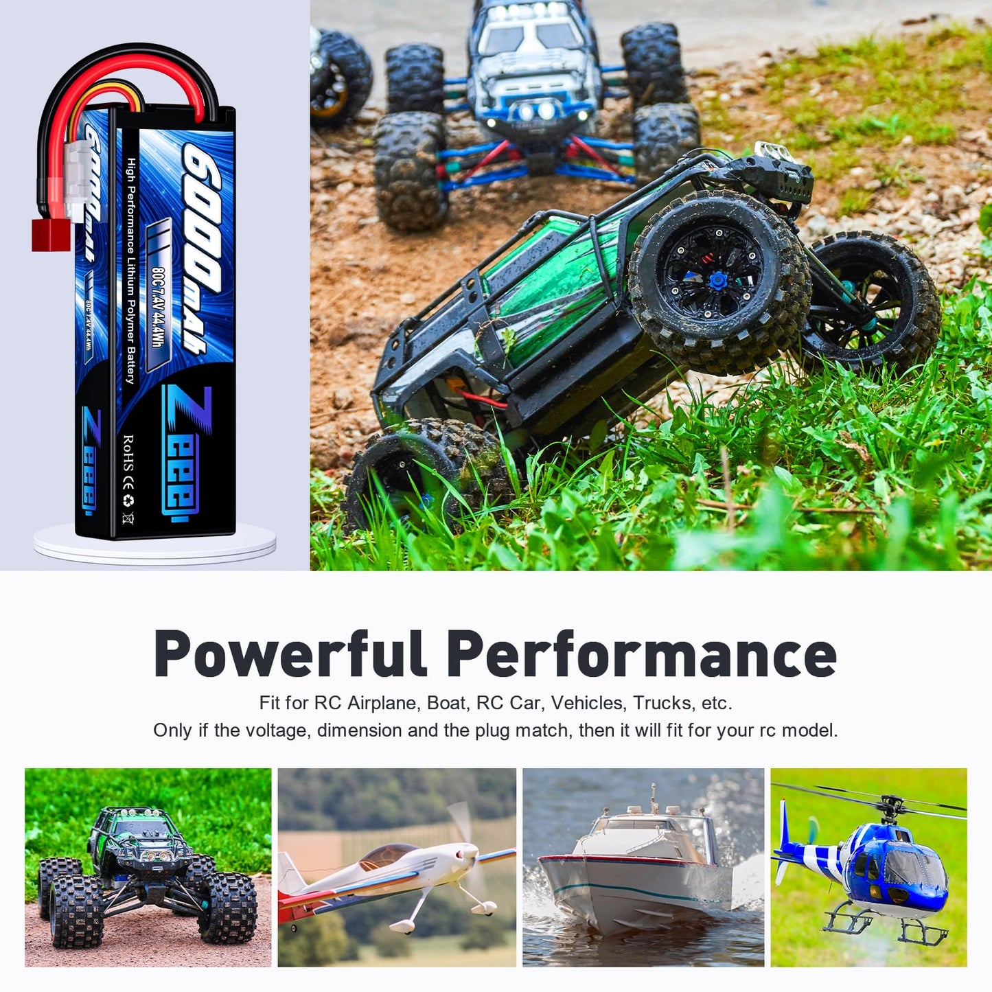 Zeee 2S Lipo Battery 6000mAh 80C 7.4V Hard Case RC Battery with Deans Connector for 1/8 Scale RC Car RC Airplane RC Helicopter R