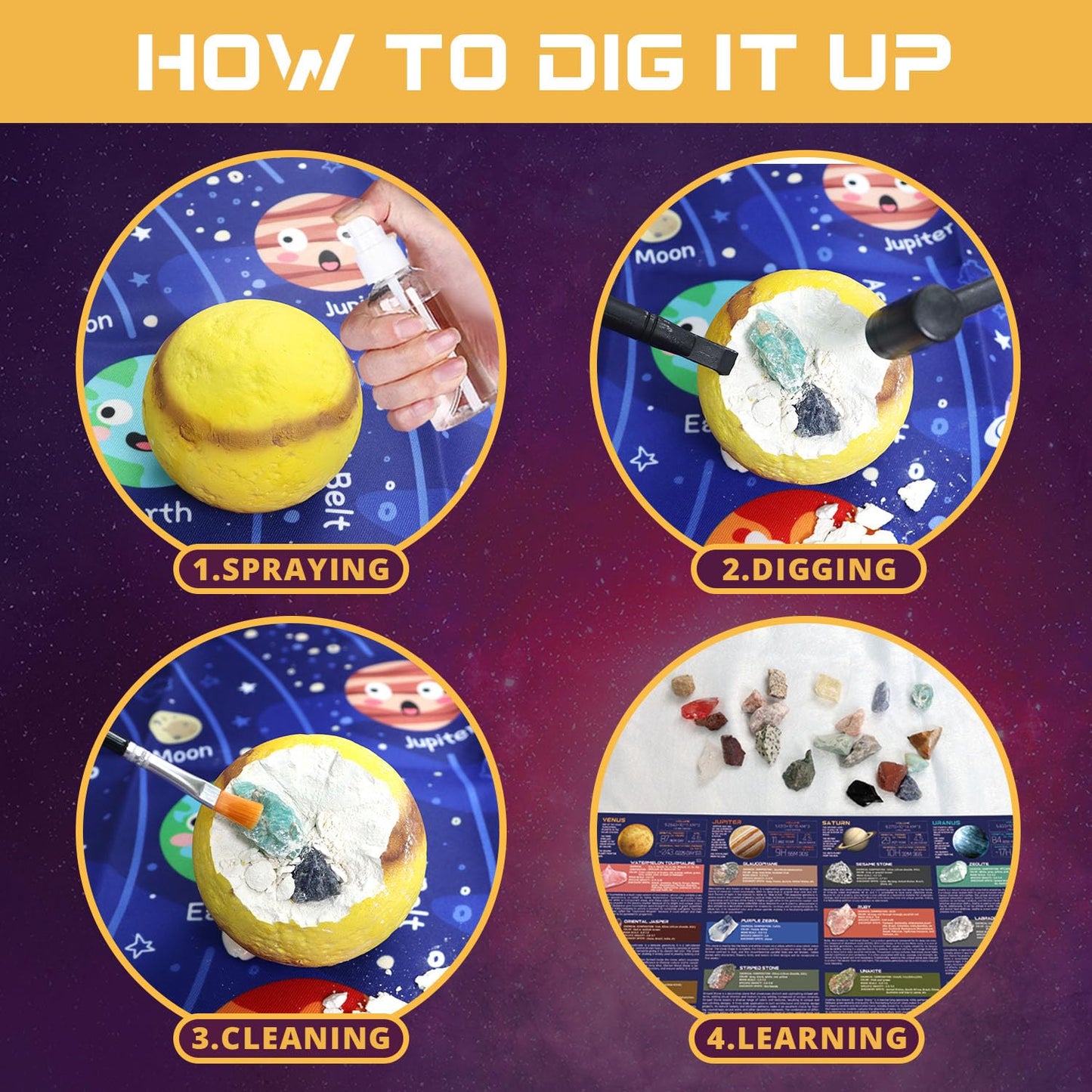 Pibex Gemstone Dig Kit, Dig Up 30 Rocks & Minerals From 6 Solar System Planets, Archaeology Geology Science Experiment Activity