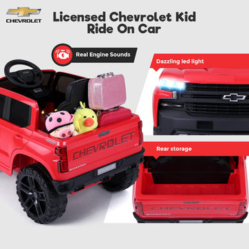 FUNTOK Licensed Chevrolet Silverado Ride On Pickup Truck, 12V Electric Car for Kids w/Parent Remote Control, Truck Bed Storage,