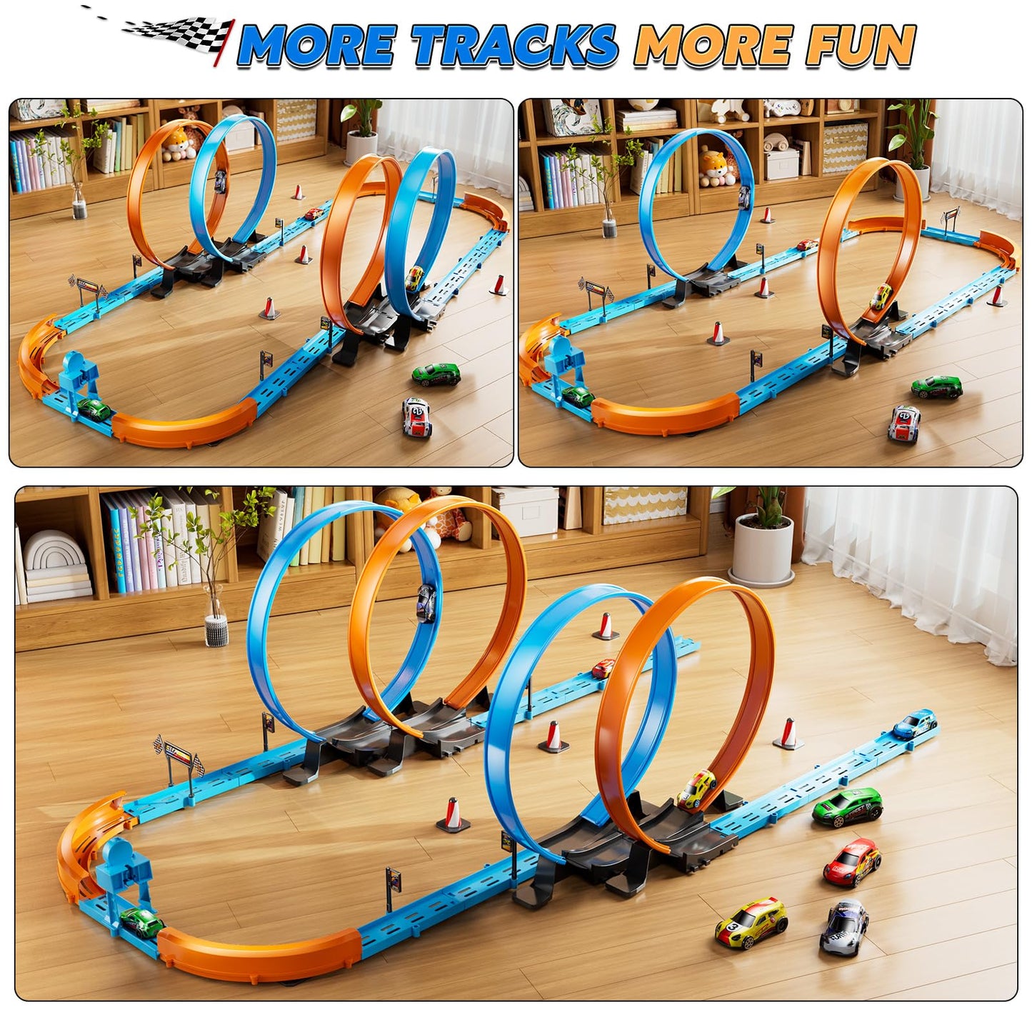 Lilybuds Toy Car Race Track Set For Boys Kids Age 3-5 4-7, Race Tracks With 4 Crash Zones And 1:64 Scale High-Speed Slot Cars, C
