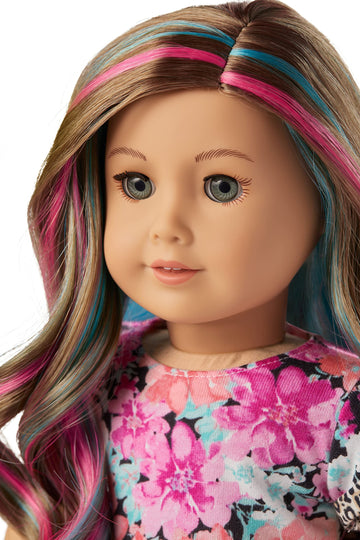 American Girl Truly Me 18-Inch Doll 101 - Gray Eyes, Wavy Caramel Hair, Floral Dress, Light-to-Medium Skin, Model HJP54