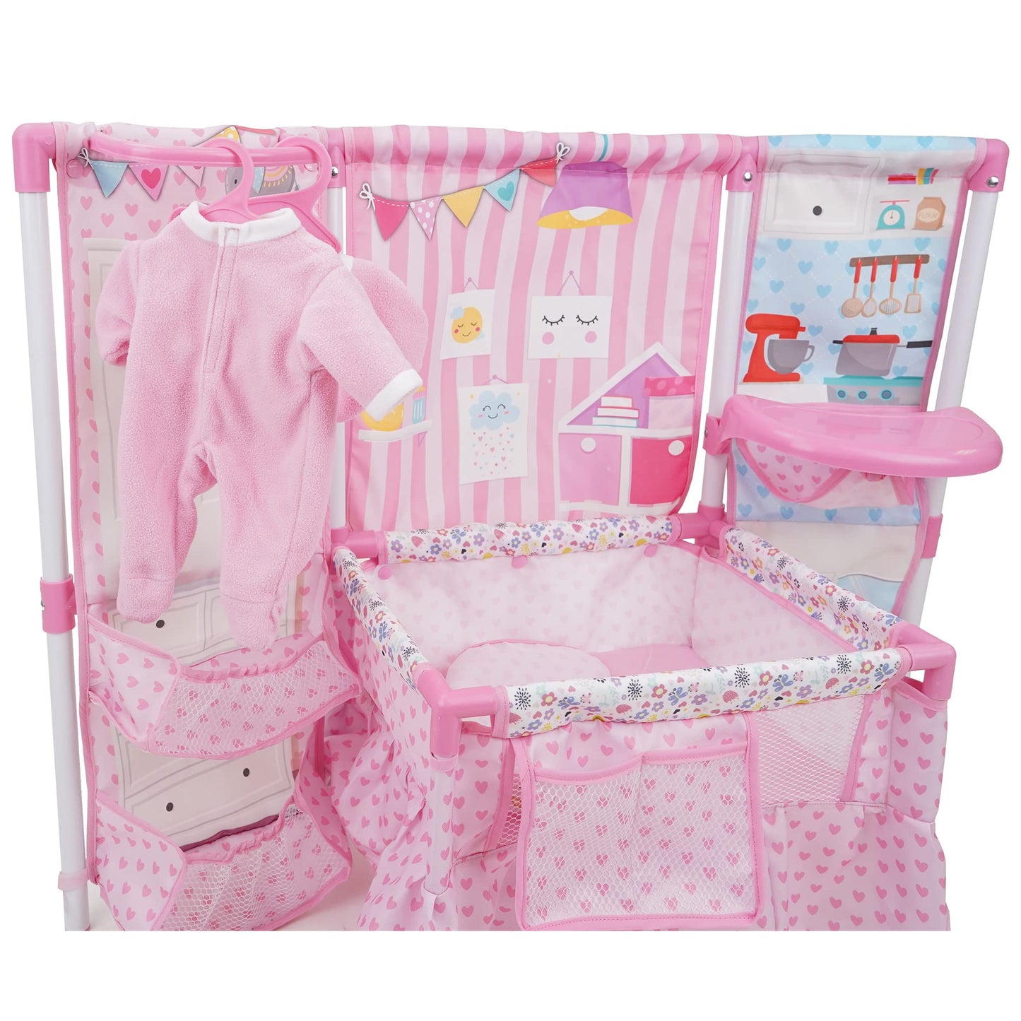 509 Crew BnB Pink Doll Furniture Set - 14 Baby Doll, Built in Highchair & Play Yard, Accessories, Kids Pretend Sleep Play Set