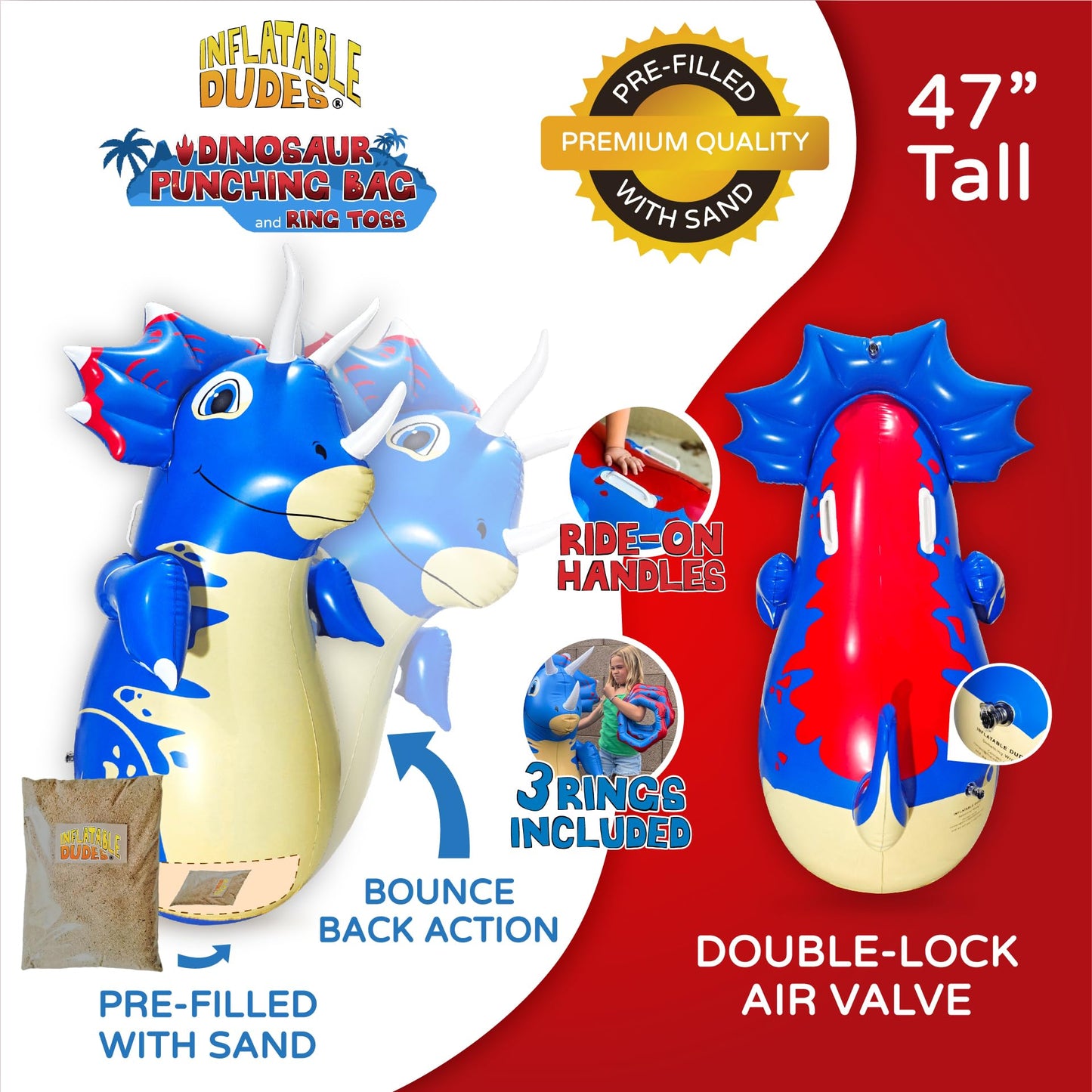 Inflatable Dudes Dinosaur 47 Inches- Kids Punching Bag| Already Filled With Sand |Triceratops Bop Bag |Ring Toss With 3 Inflatab