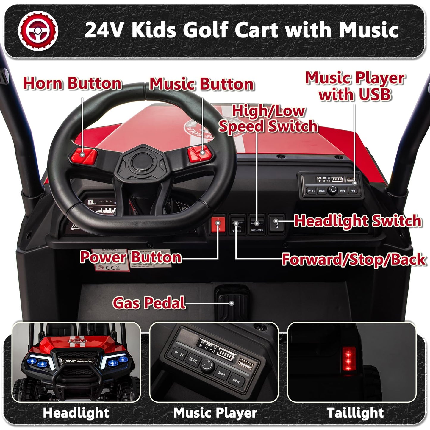 Karbost 24V 7Ah Ride On Car With Parent Remote Control, 4 Seater Kids Ride On Golf Cart With Plastic Roof, 4Wd Ride On Toys With