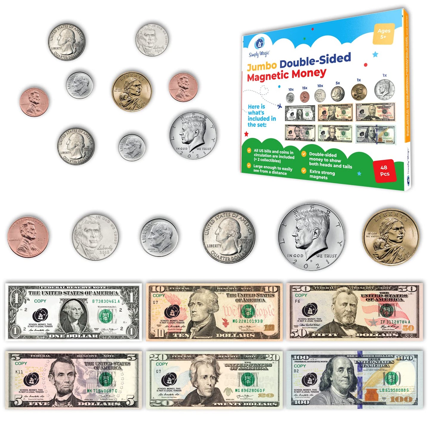 48 PCS Large Double-Sided Magnetic Money - Play Money for Kids for Learning, Pretend Money for Classroom, Toy Money, Play Coins