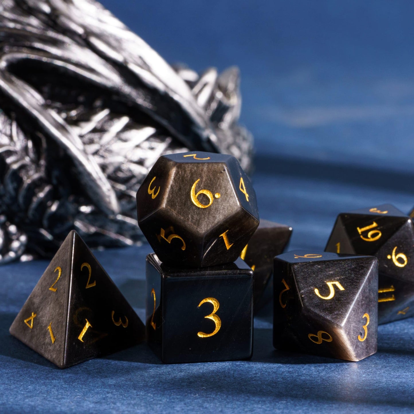 Udixi Gemstone Dice Set D&D Rpg Silver Sheen Obsidian Dice With Gift Case For Dungeons And Dragons Role Palying Games And Tablet