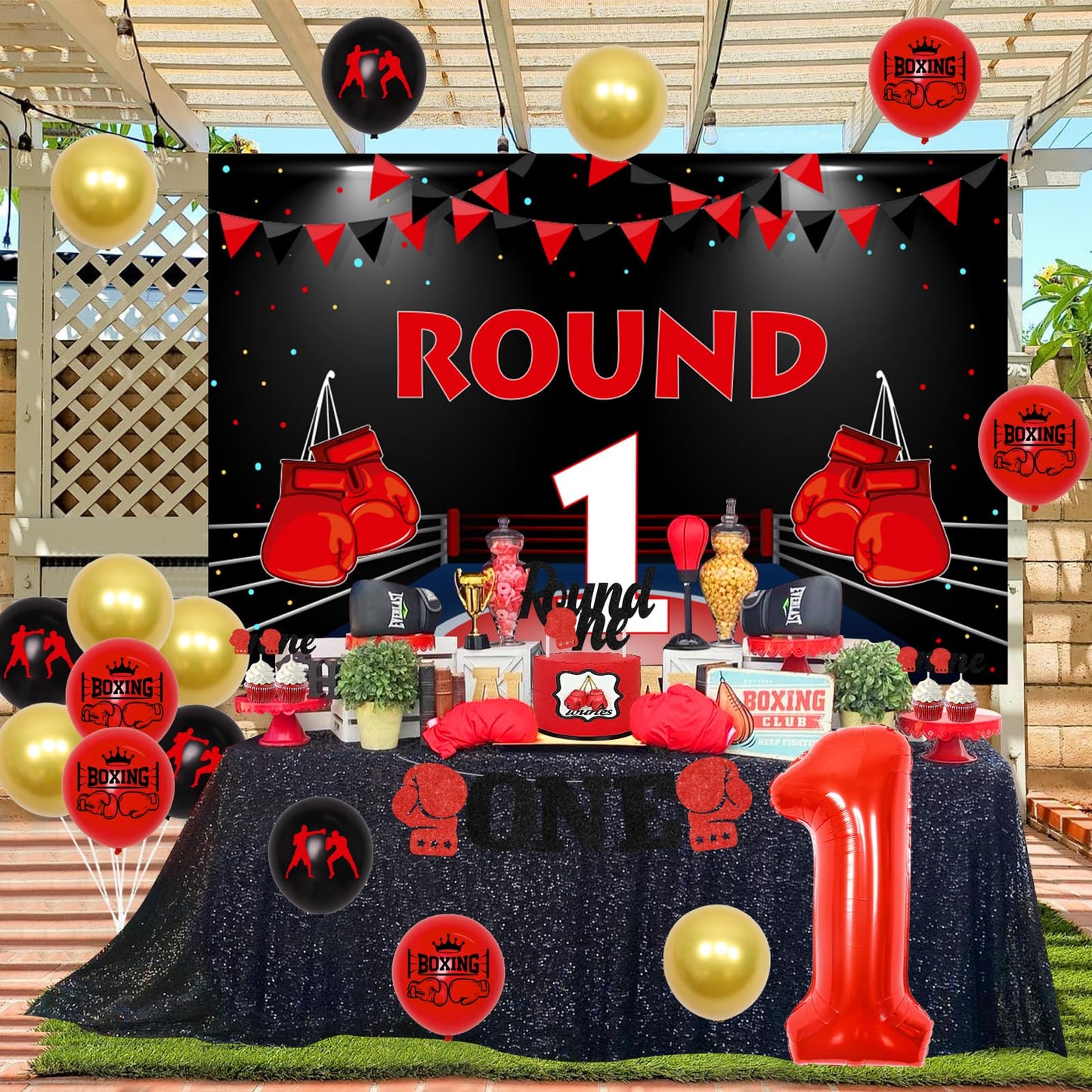 JOYMEMO Boxing 1st Birthday Party Decorations - Round Backdrop, Cake Toppers, Highchair Banner, Red & Black, Model F-PA-8046
