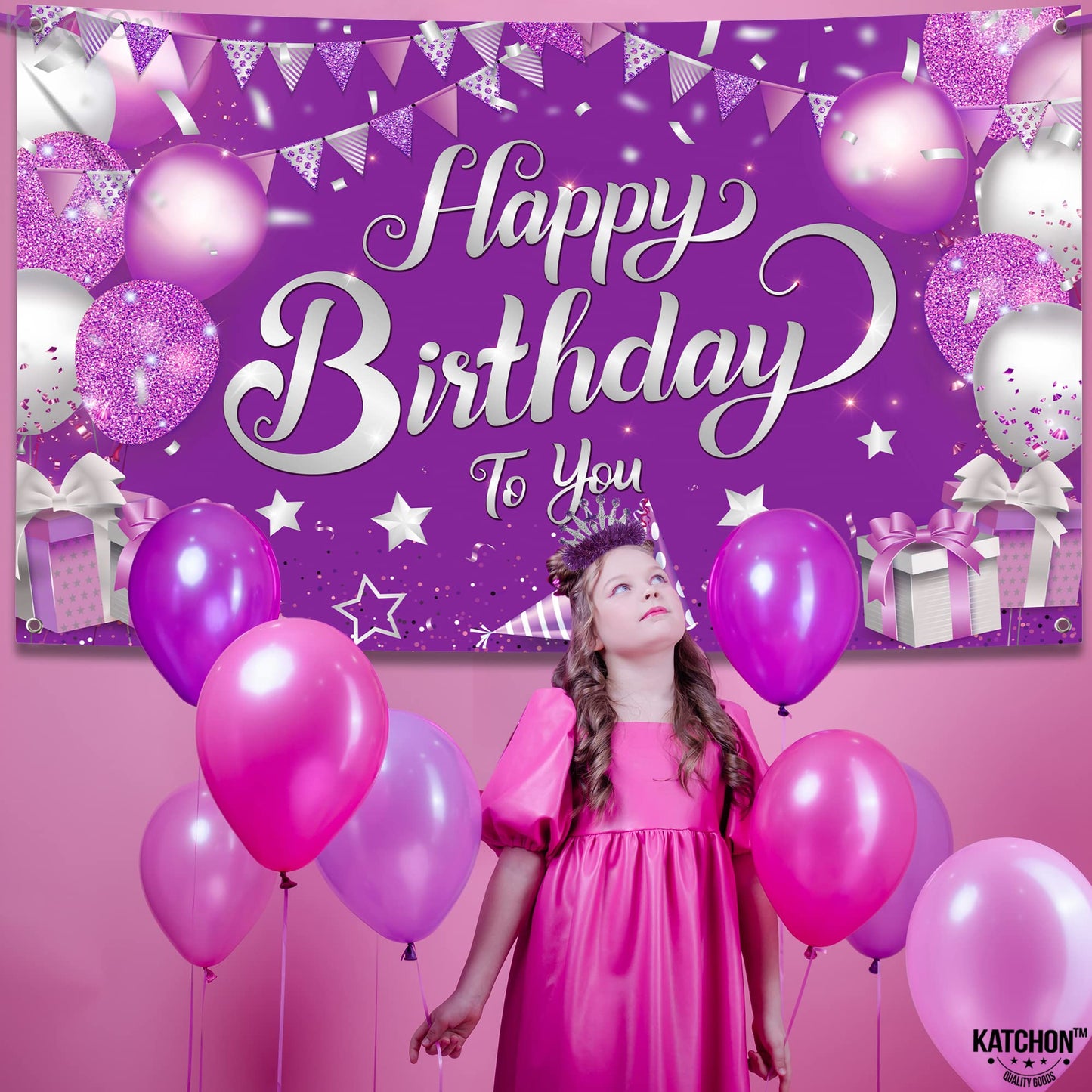 Katchon, Xtralarge Purple Happy Birthday Banner - 72X44 Inch | Purple Happy Birthday Backdrop | Happy Birthday Backdrop Purple For Birthday Decorations For Girls | Happy Birthday Sign For Backdrop