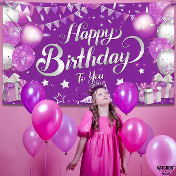 Katchon, Xtralarge Purple Happy Birthday Banner - 72X44 Inch | Purple Happy Birthday Backdrop | Happy Birthday Backdrop Purple For Birthday Decorations For Girls | Happy Birthday Sign For Backdrop