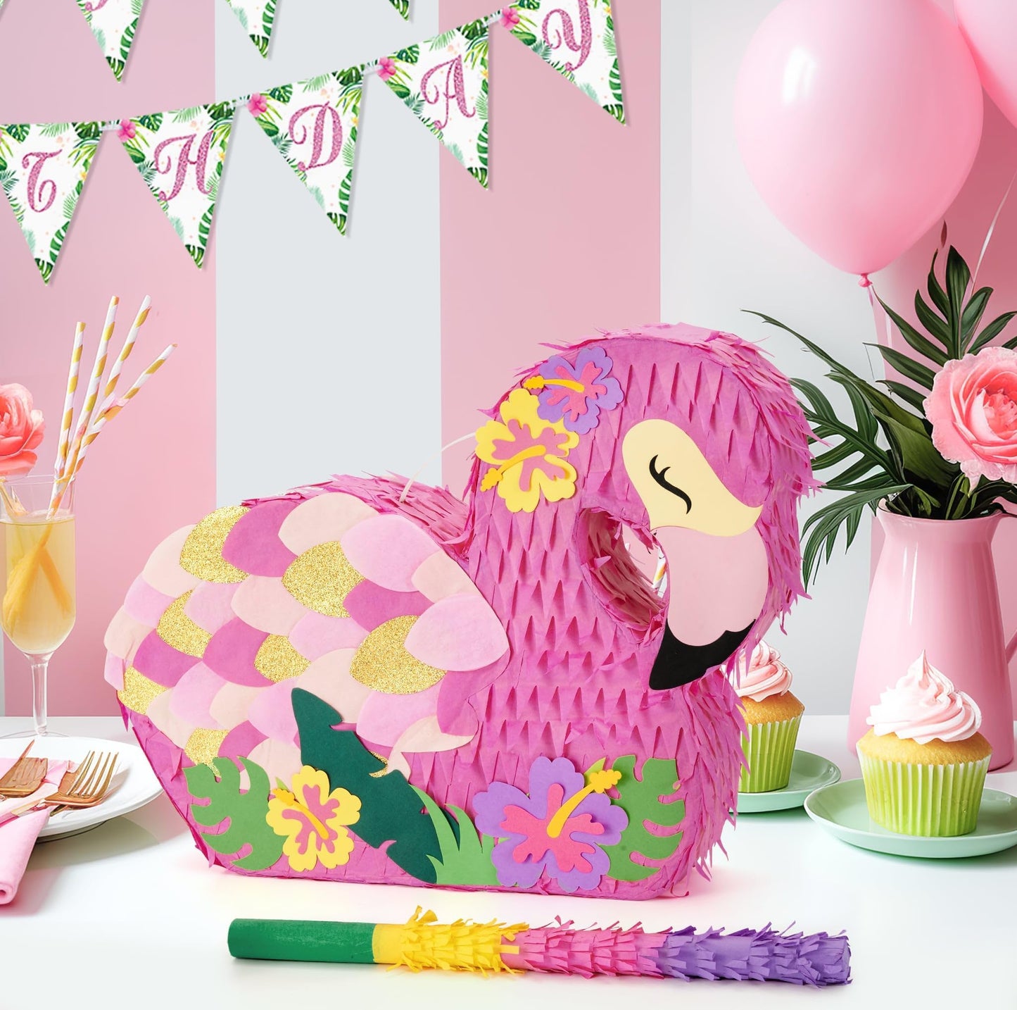 Wernnsai Flamingo Piñata - Pink Piñata Bundle With Blindfold And Bat For Girls Kids Piñata Tropical Flamingo Theme Birthday Party Supplies Summer Pool Party Decorations For Fiestas Baby Shower