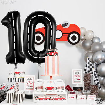 Katchon, Giant Race Car 0 Balloon Number - 40 Inch | Black Racetrack 0 Number For Race Car Theme Party Decorations, Road Party Decorations | Toddler Construction Party Supplies | Number 0 Balloon