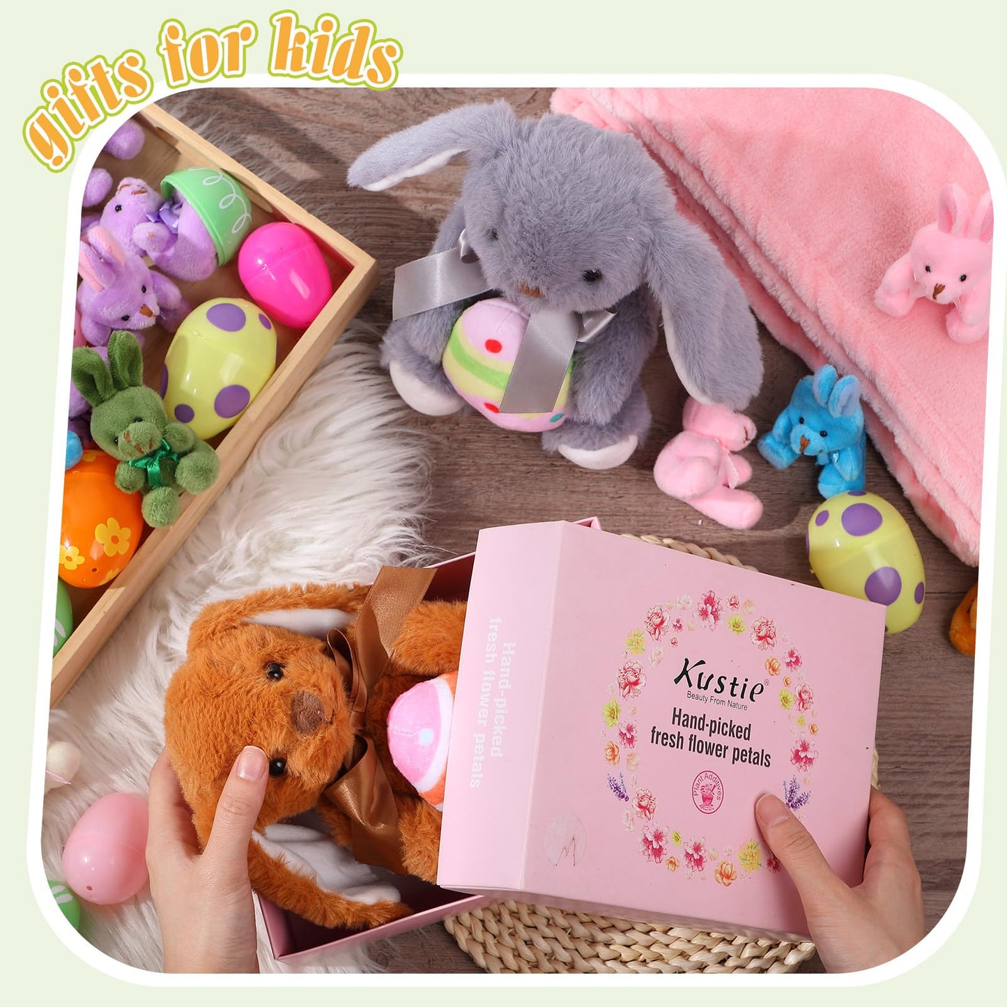 Simgoing Easter Bunny Stuffed Animal Cute Plush Rabbit Holding Easter Eggs Furry Bunny Plush Gift Happy Easter Basket Stuffers F
