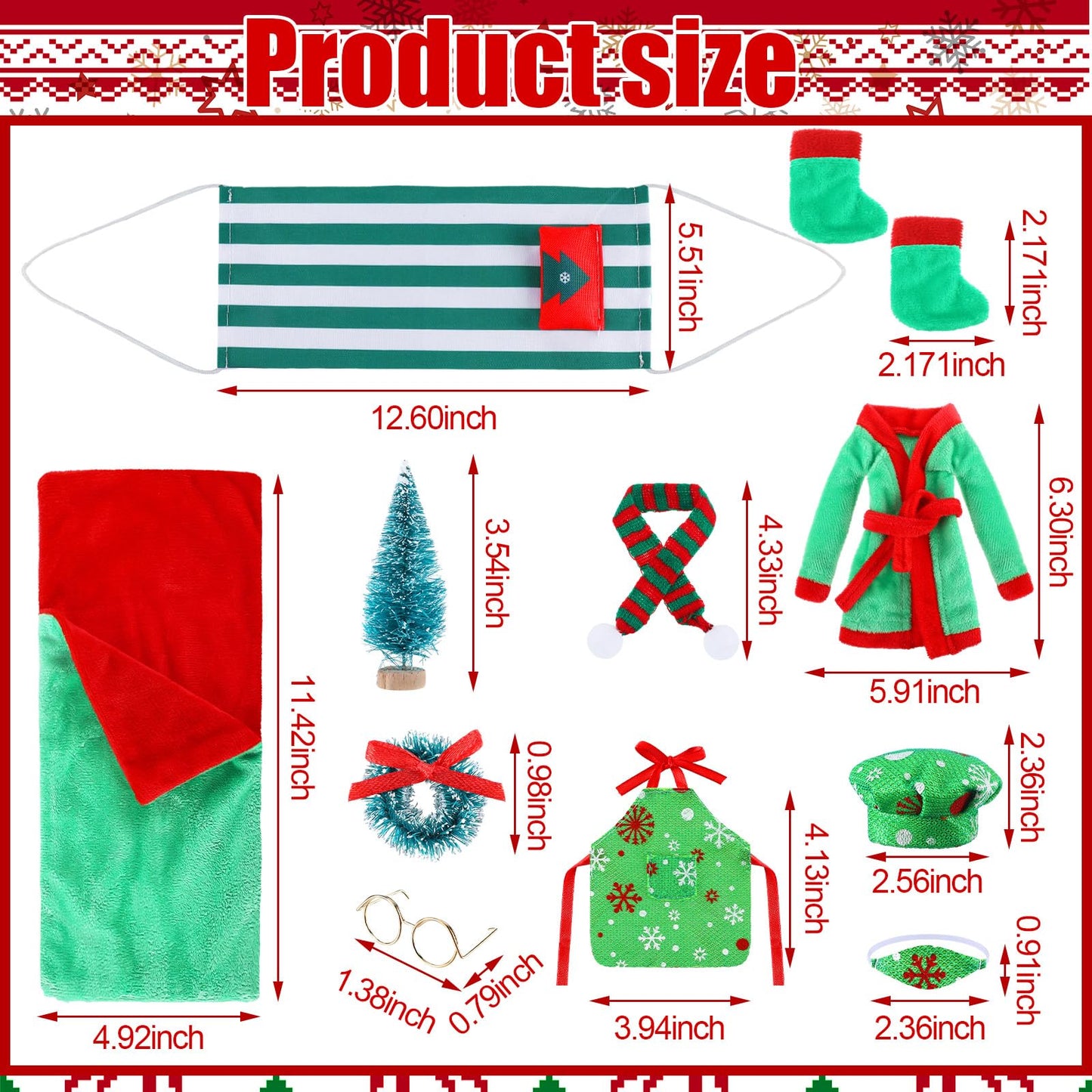 11 Pieces Christmas Elf Doll Accessories Set Include Elf Sleeping Bag Scarf Mask Bathrobe Shoes Hammock Apron Chef Hat Glasses C