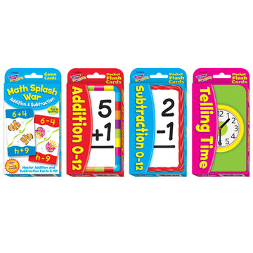 Trend Enterprises: Math Power Pack, 4 Flash Card Set Includes Math Splash War, Addition 0-12, Subtraction 0-12, Telling Time Flash Cards, Self-Checking Design, For Ages 3 And Up
